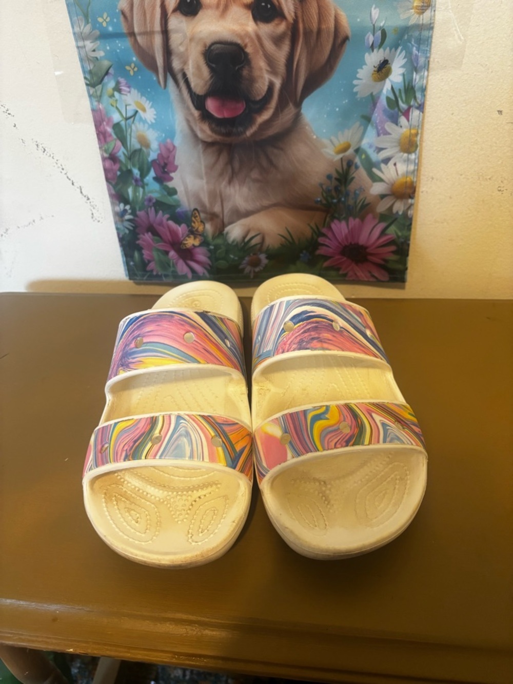 CROCS White Slides with Rainbow Swirl Straps